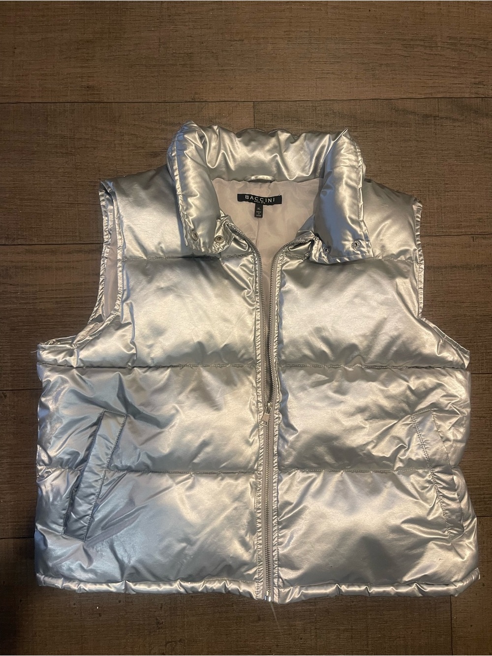 Baccini Metallic Silver Puffer Vest Full Zip Stand Collar Size XL